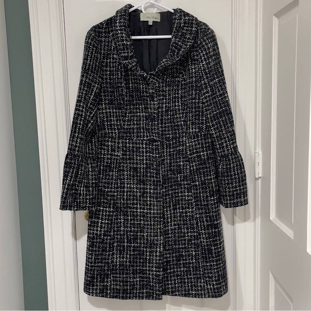 Beth Bowley Black & White Tweed Coat XL Anthropologie Wool Blend Ruffle